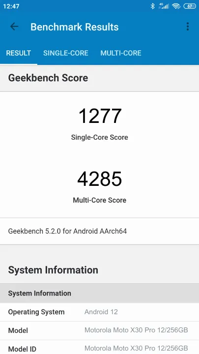 Motorola Moto X30 Pro 12/256GB Geekbench Benchmark-Ergebnisse