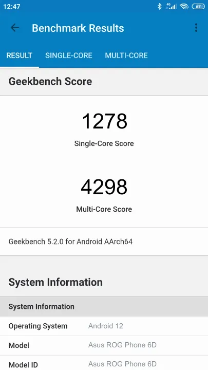 Asus ROG Phone 6D 12/256GB Geekbench benchmark ranking