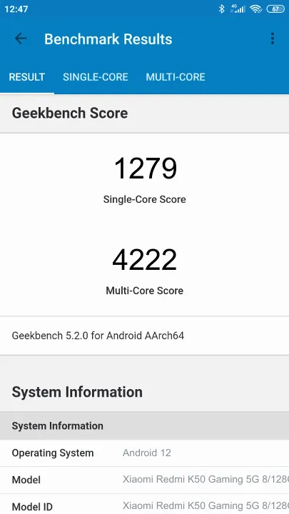 Wyniki testu Xiaomi Redmi K50 Gaming 5G 8/128GB Geekbench Benchmark