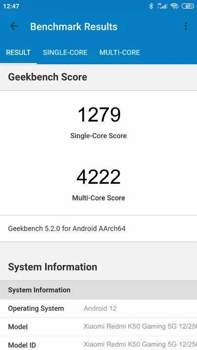 Wyniki testu Xiaomi Redmi K50 Gaming 5G 12/256GB Geekbench Benchmark