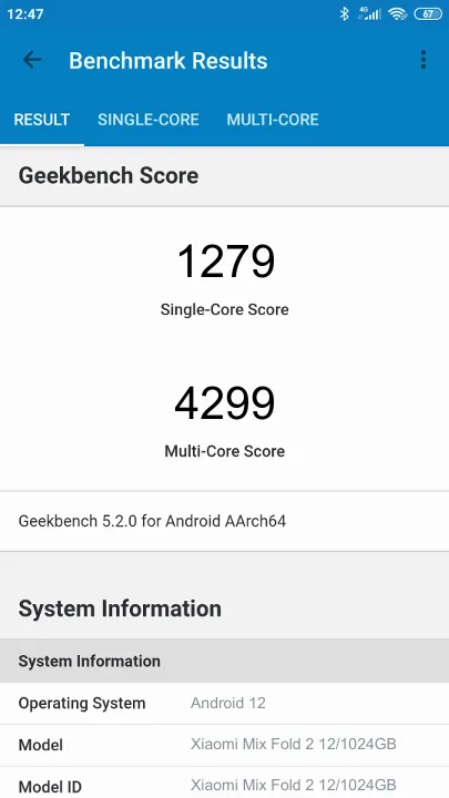 Wyniki testu Xiaomi Mix Fold 2 12/1024GB Geekbench Benchmark
