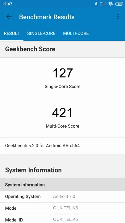 Wyniki testu OUKITEL K5 Geekbench Benchmark