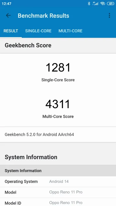 Wyniki testu Oppo Reno 11 Pro Geekbench Benchmark