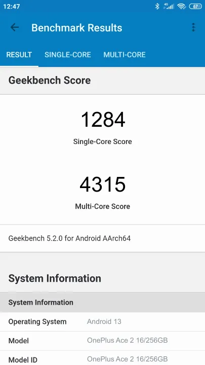 OnePlus Ace 2 16/256GB Geekbench benchmark: classement et résultats scores de tests