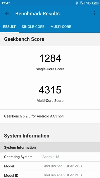 OnePlus Ace 2 16/512GB Geekbench benchmark: classement et résultats scores de tests