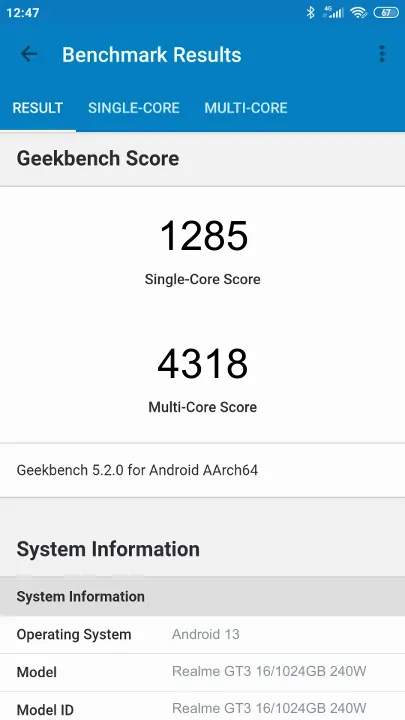 Realme GT3 16/1024GB 240W Geekbench benchmark ranking