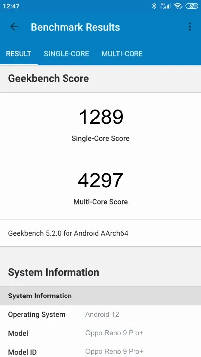 Wyniki testu Oppo Reno 9 Pro+ Geekbench Benchmark