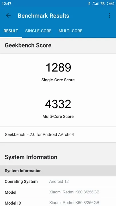 Wyniki testu Xiaomi Redmi K60 8/256GB Geekbench Benchmark
