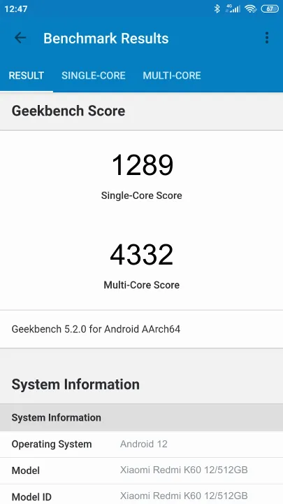 Punteggi Xiaomi Redmi K60 12/512GB Geekbench Benchmark