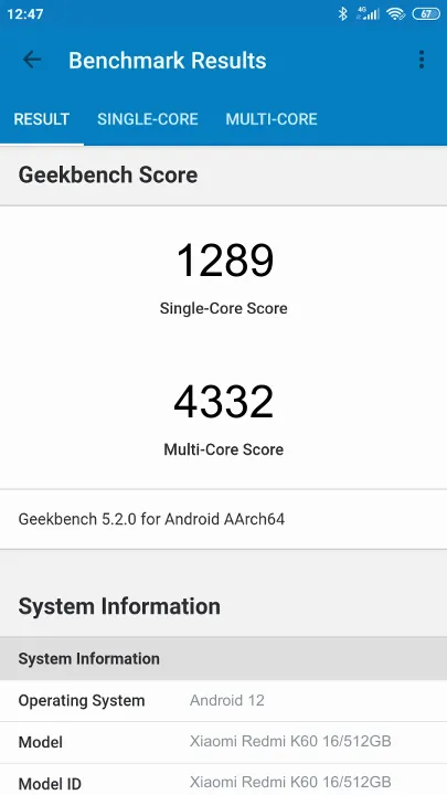 Skor Xiaomi Redmi K60 16/512GB Geekbench Benchmark