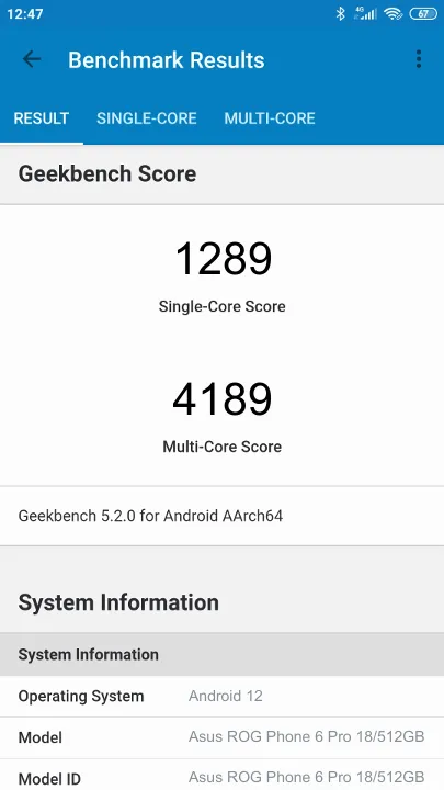 Punteggi Asus ROG Phone 6 Pro 18/512GB Geekbench Benchmark