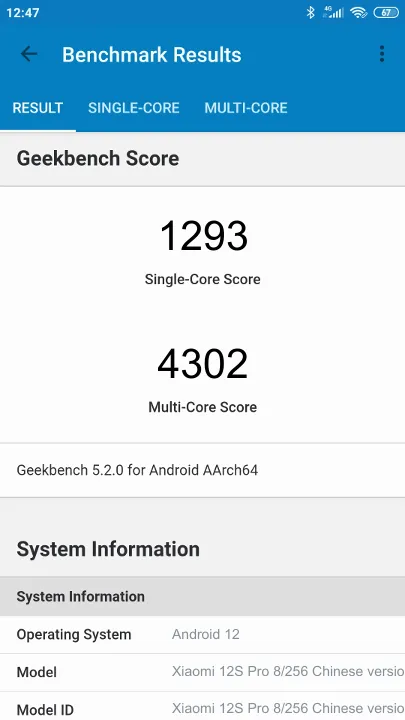 Xiaomi 12S Pro 8/256 Chinese version Geekbench Benchmark Xiaomi 12S Pro 8/256 Chinese version