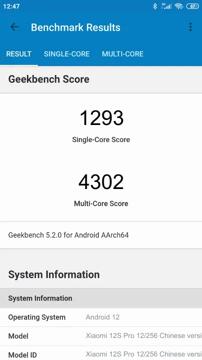 Xiaomi 12S Pro 12/256 Chinese version Geekbench benchmark: classement et résultats scores de tests
