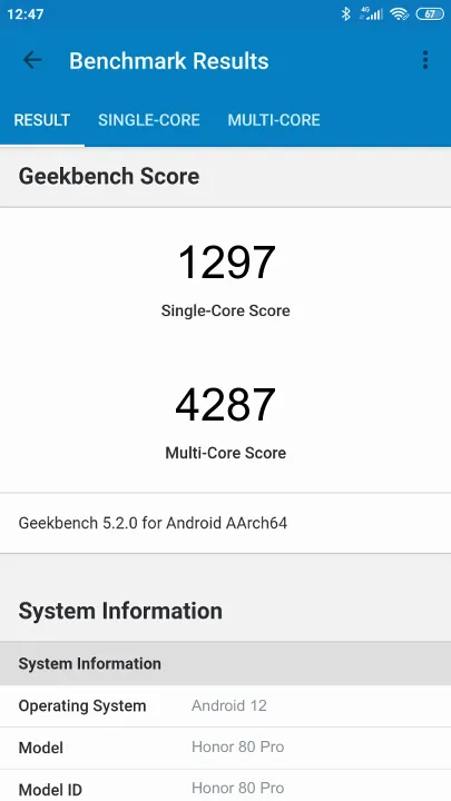 Wyniki testu Honor 80 Pro Geekbench Benchmark