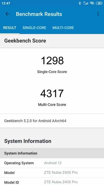 ZTE Nubia Z40S Pro Geekbench benchmark score results