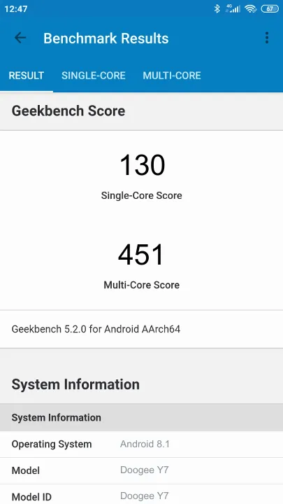 Doogee Y7的Geekbench Benchmark测试得分