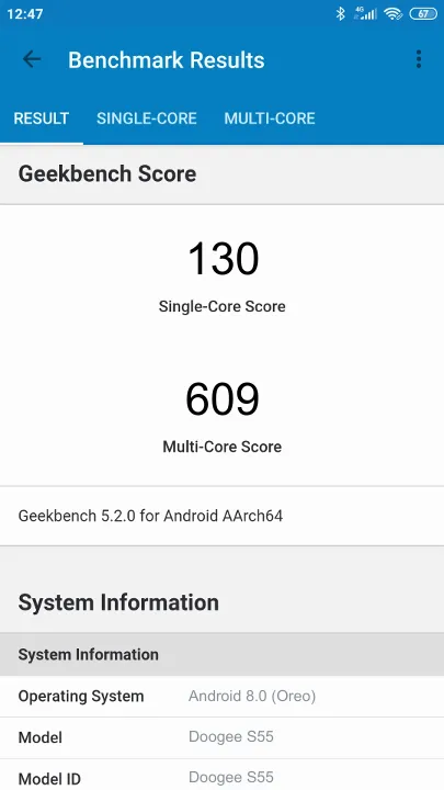 Doogee S55 Geekbench Benchmark-Ergebnisse