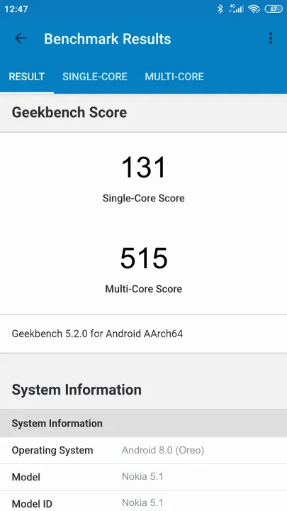 نتائج اختبار Nokia 5.1 Geekbench المعيارية