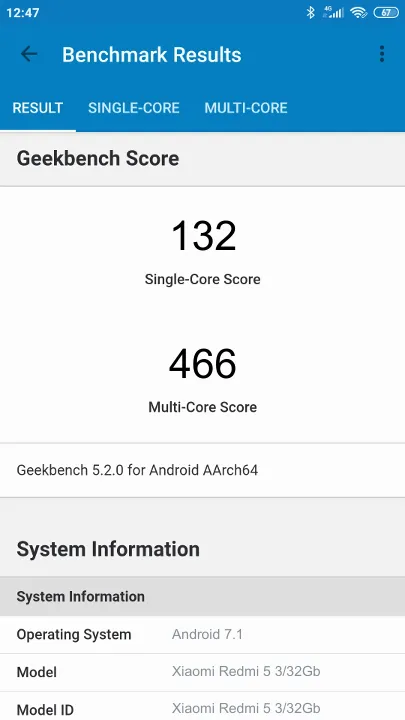 Punteggi Xiaomi Redmi 5 3/32Gb Geekbench Benchmark