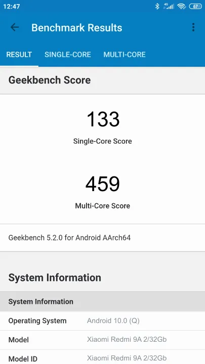 نتائج اختبار Xiaomi Redmi 9A 2/32Gb Geekbench المعيارية