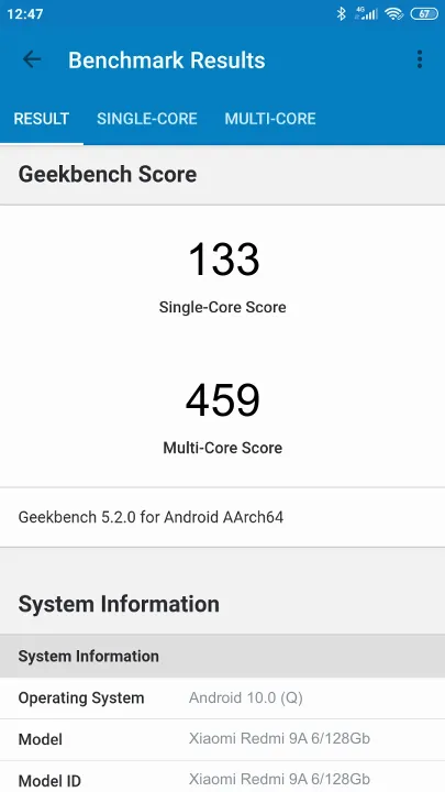 Xiaomi Redmi 9A 6/128Gb Geekbench benchmark score results