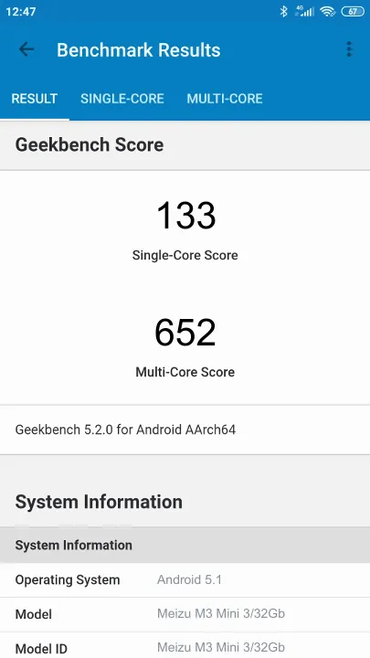 Wyniki testu Meizu M3 Mini 3/32Gb Geekbench Benchmark