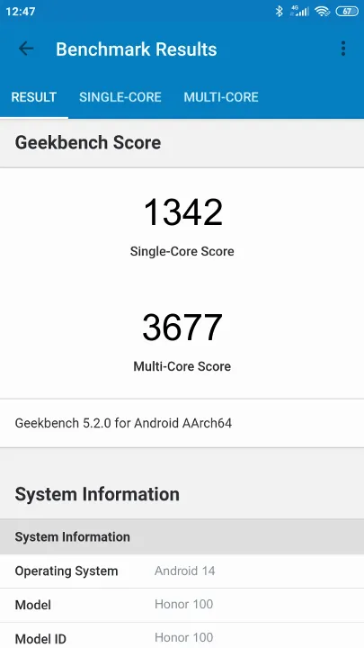 Honor 100的Geekbench Benchmark测试得分