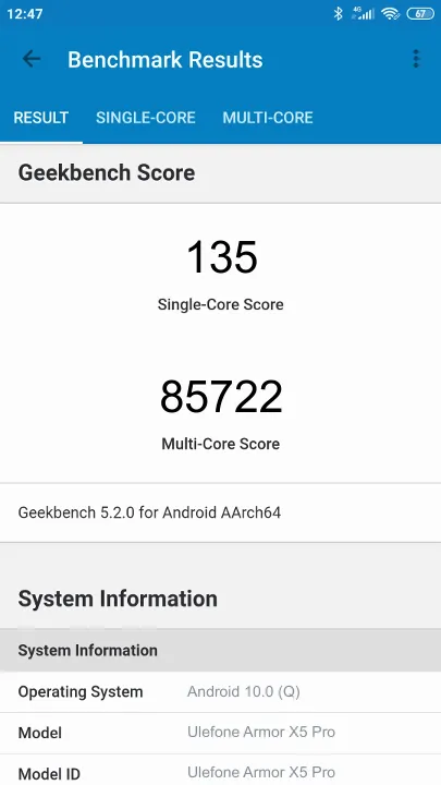 Ulefone Armor X5 Pro Geekbench benchmark: classement et résultats scores de tests
