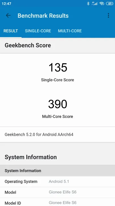 Gionee Elife S6 poeng for Geekbench-referanse