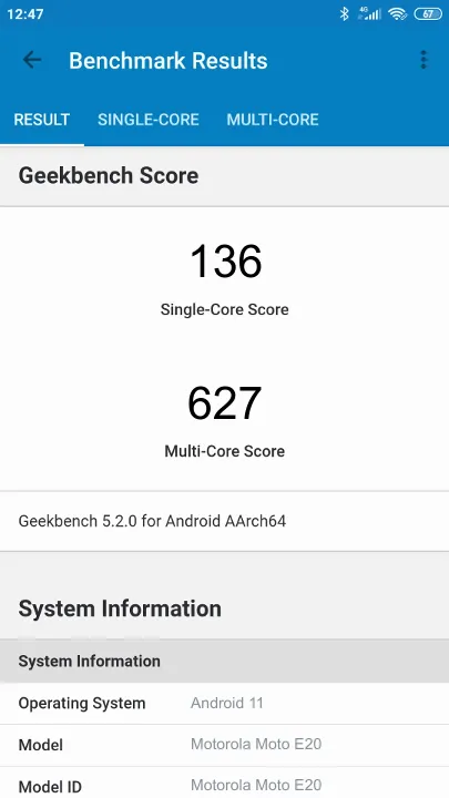 Punteggi Motorola Moto E20 Geekbench Benchmark