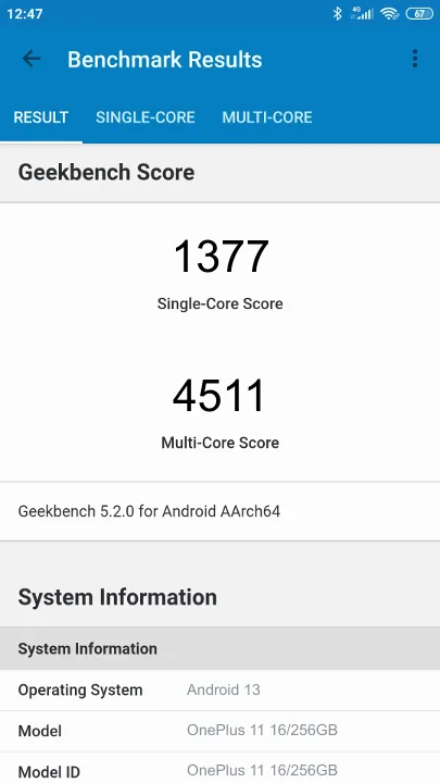 OnePlus 11 16/256GB的Geekbench Benchmark测试得分