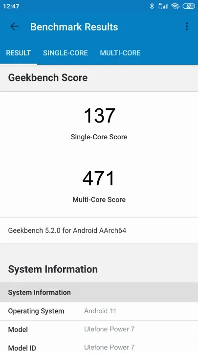 Pontuações do Ulefone Power 7 Geekbench Benchmark