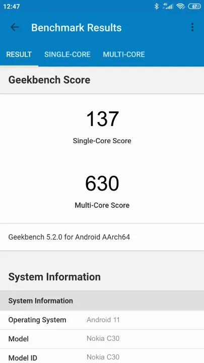 Nokia C30 Geekbench benchmark score results