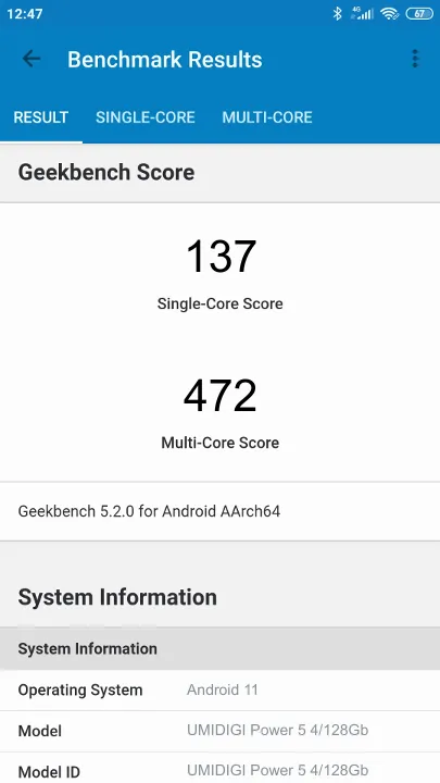 Wyniki testu UMIDIGI Power 5 4/128Gb Geekbench Benchmark