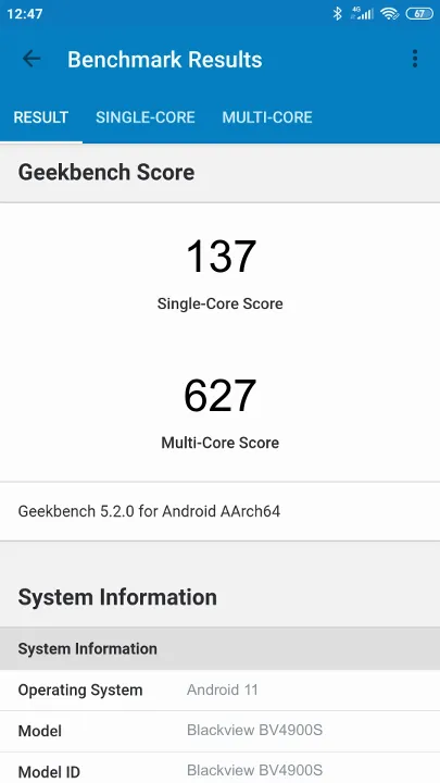 Blackview BV4900S Geekbench benchmark score results