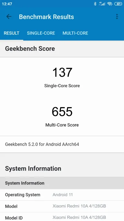 Xiaomi Redmi 10A 4/128GB Geekbench benchmark score results