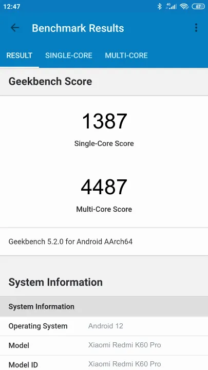 Xiaomi Redmi K60 Pro 8/128GB Geekbench Benchmark점수