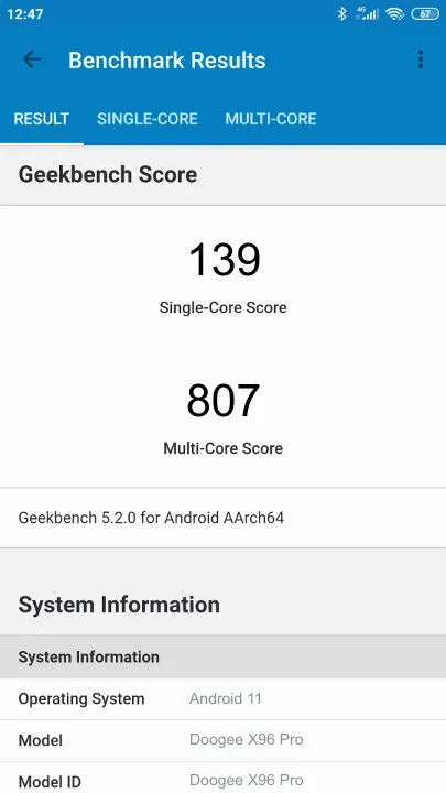 Wyniki testu Doogee X96 Pro Geekbench Benchmark