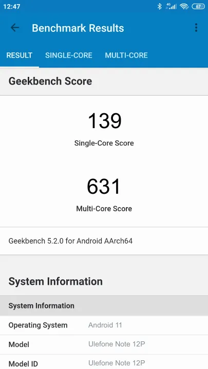 Βαθμολογία Ulefone Note 12P Geekbench Benchmark