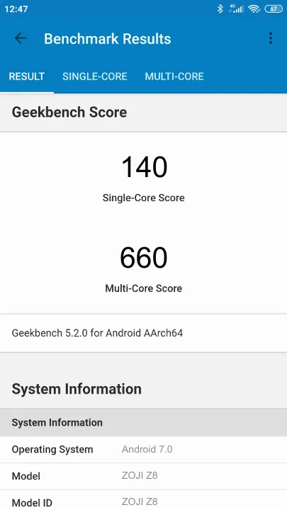 ZOJI Z8 Geekbench benchmark: classement et résultats scores de tests