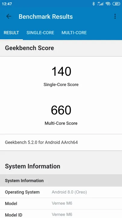 Vernee M6 Geekbench benchmark score results