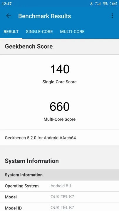 OUKITEL K7的Geekbench Benchmark测试得分