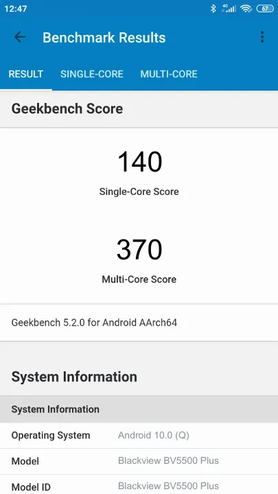 Blackview BV5500 Plus Geekbench benchmark: classement et résultats scores de tests