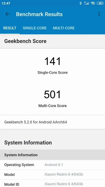 نتائج اختبار Xiaomi Redmi 6 4/64Gb Geekbench المعيارية