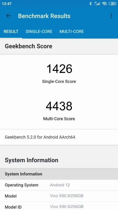 Vivo X90 8/256GB Geekbench Benchmark점수