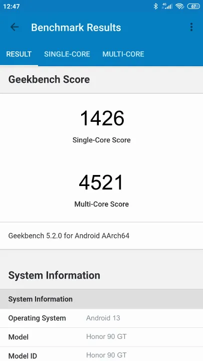 Wyniki testu Honor 90 GT Geekbench Benchmark