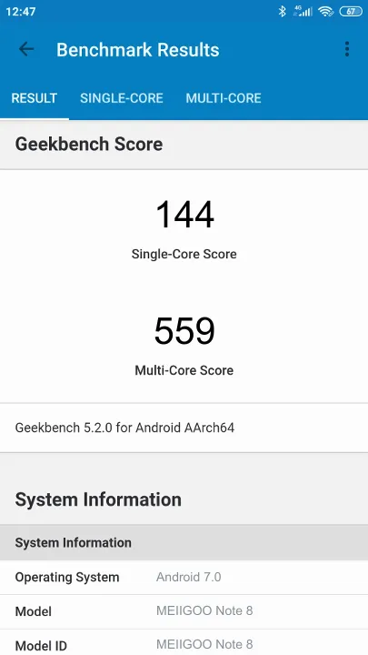 Wyniki testu MEIIGOO Note 8 Geekbench Benchmark