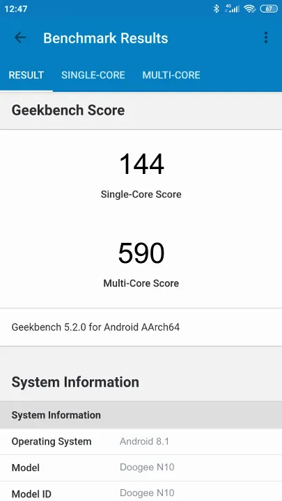 Doogee N10 Geekbench benchmark score results