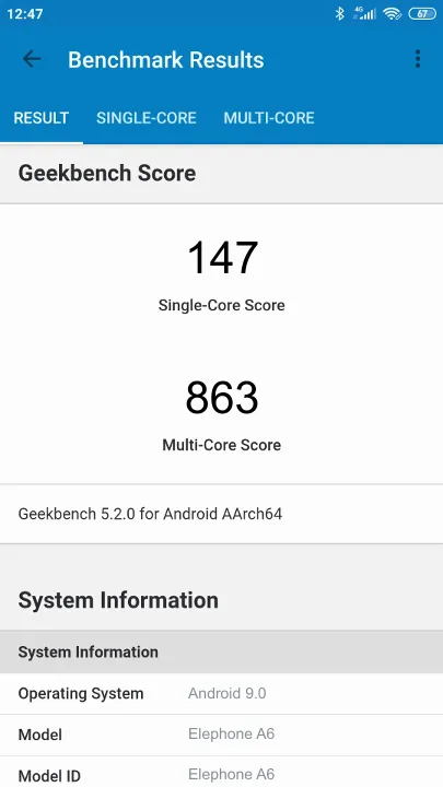 Pontuações do Elephone A6 Geekbench Benchmark