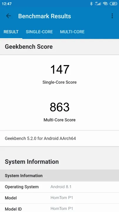 HomTom P1 Geekbench benchmark: classement et résultats scores de tests